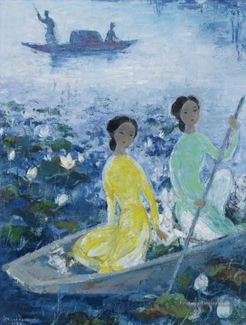 VCD Ladies nautique dans Lotus Pond Asiatique Peinture à l'huile